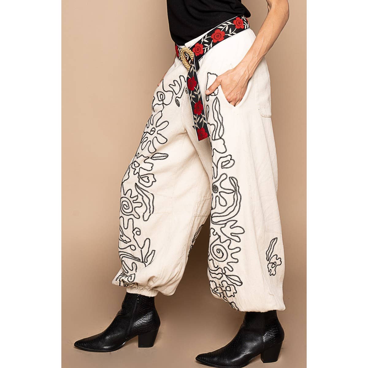 Floral embroidered pattern solid twill pants: OATMILK Floral embroidered pattern solid twill pants: OATMILK