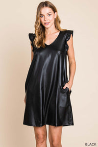 Faux Leather Ruffle Sleeve Dress