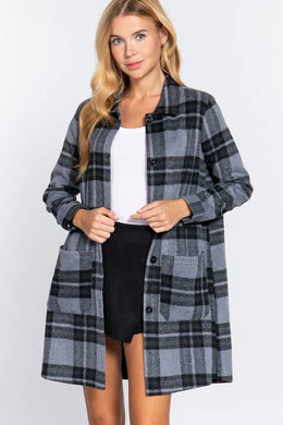 Long Sleeve With Pocket Brushed Plaid Long Jacket