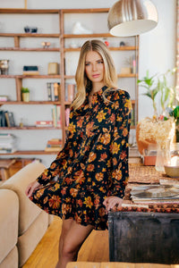 DARK FLORAL BUTTON FRONT DROP WAIST MINI DRESS