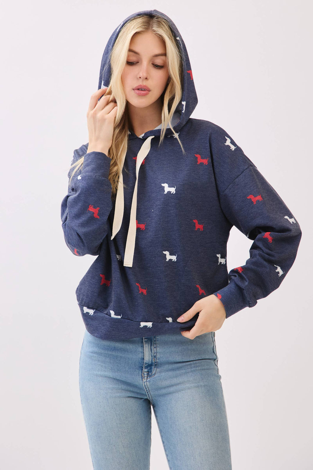 Dog Print Hoodie with Drawstrings