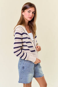 Zip-Up Striped Pointelle Open Knit Sweater Jacket