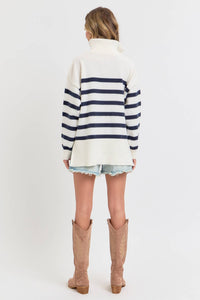 STRIPED ZIP-FRONT OVERSIZED PULLOVER KNIT SWEATER