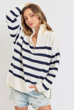 STRIPED ZIP-FRONT OVERSIZED PULLOVER KNIT SWEATER