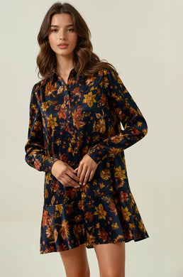 DARK FLORAL BUTTON FRONT DROP WAIST MINI DRESS