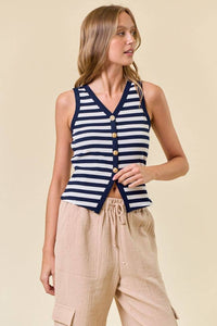 STRIPE KNIT BUTTON FRONT TANK
