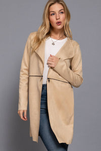 Long Sleeve Front Two Zipper Detail Faux Suede Long Jacket