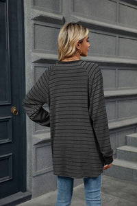 Striped Contrast Crew Neck Long Sleeve Pocket Sweater