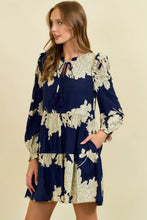 FLORAL PRINT SPLIT V NECK LSLV TIERED MINI DRESS