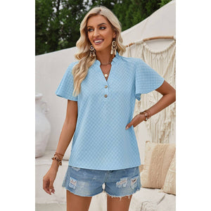 Plaid Button V Ruffle Neck Loose Blouse