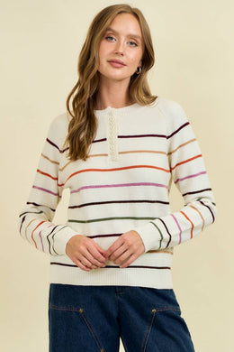 MULTI STRIPES BUTTON DOWN HENRY NECK SWEATER