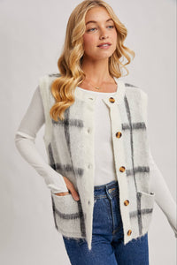 BUTTON DOWN PLAID FUZZY KNIT SWEATER VEST