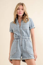 Garment Washed Elastic Waist Zip Up Utility Romper