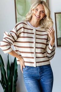 STRIPE BUTTON UP CARDIGAN: Brown