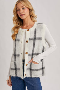 BUTTON DOWN PLAID FUZZY KNIT SWEATER VEST