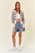 Zip-Up Striped Pointelle Open Knit Sweater Jacket