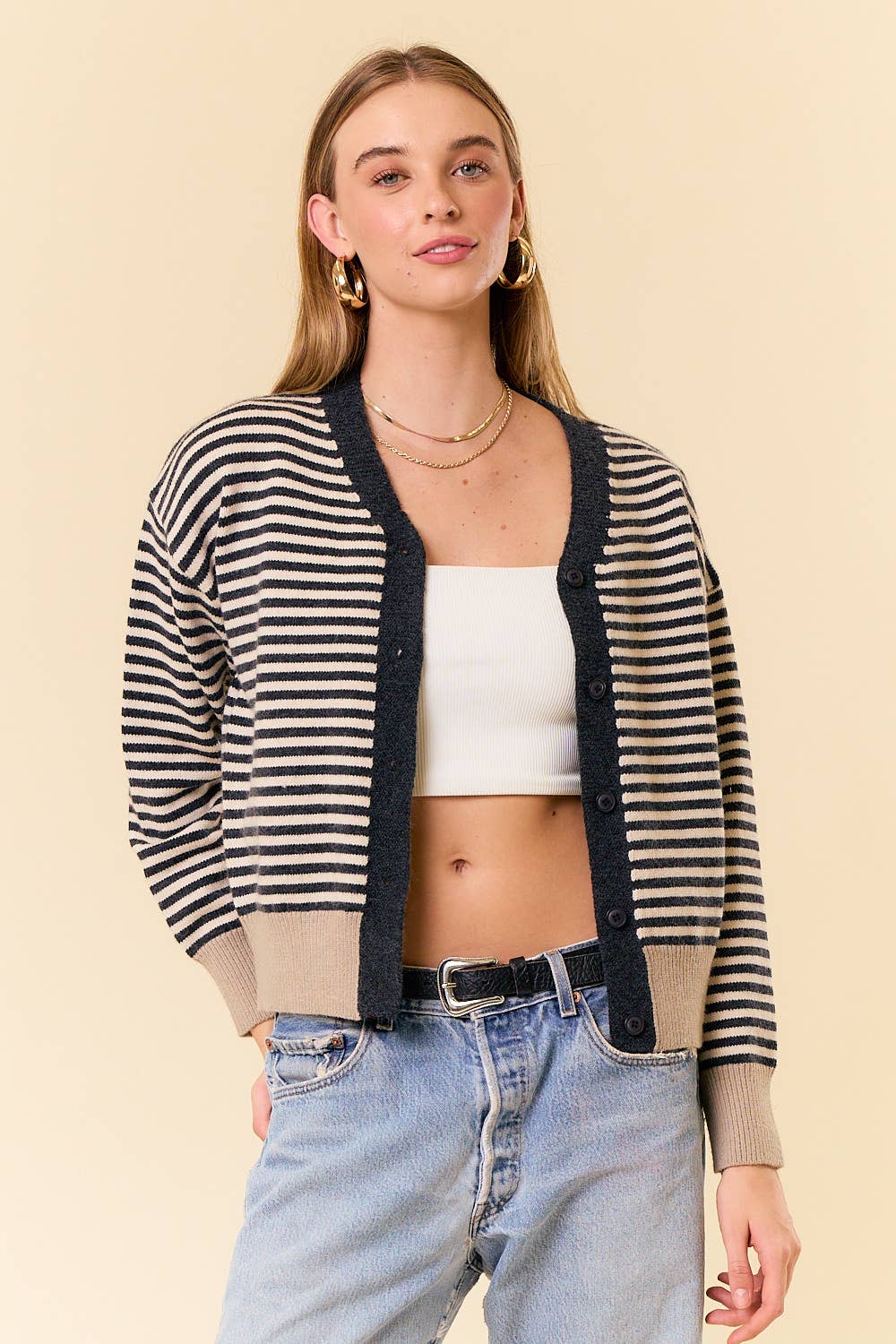 BUTTON-DOWN STRIPE COLORBLOCK CARDIGAN SWEATER