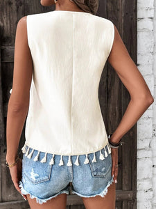 Tassel Trim V-Neck Comfy Sleeveless Tank Top