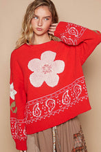 Long sleeve flower point chenille sweater top: Red