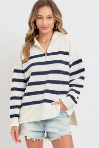 STRIPED ZIP-FRONT OVERSIZED PULLOVER KNIT SWEATER