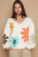 Oversize floral pattern print v-neck pullover sweater