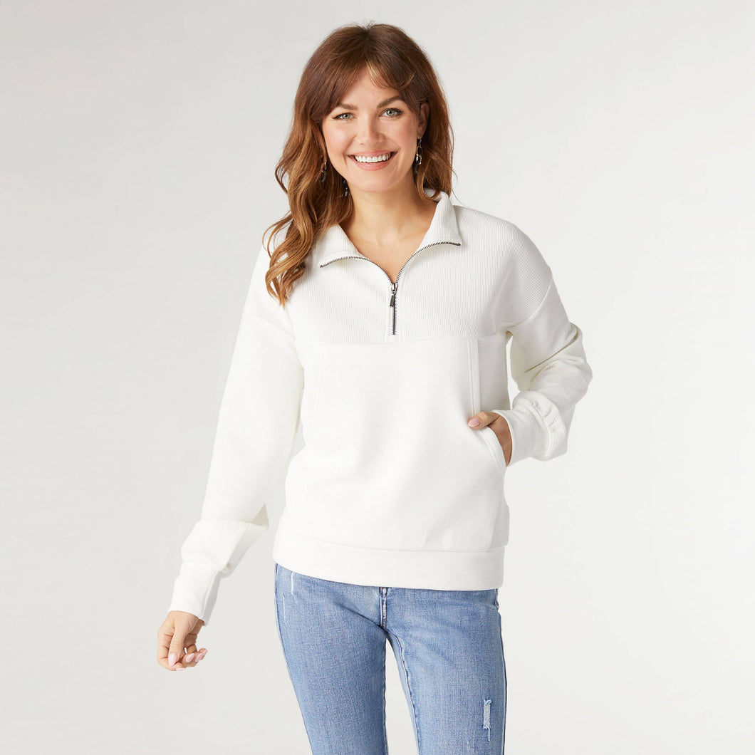 COCO + CARMEN - Lyla Half-Zip Top with Side Pockets: White / S/M