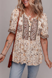 Boho Floral Print Half Placket Short Sleeve Loose Blouse