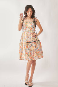 FLORAL PRINTED TAPE RUFFLE STRAP TIERED DRESS