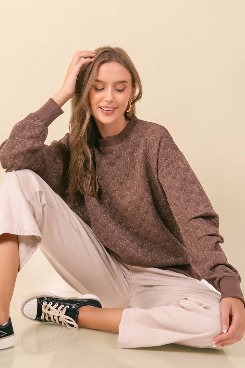 Texture Shimmer Pleated Long Sleeve Sweatshirt