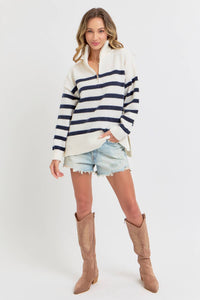 STRIPED ZIP-FRONT OVERSIZED PULLOVER KNIT SWEATER