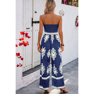 Off Shoulder Ruched Printed High Waist Jumpsuit