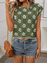 Crop short sleeve crew-neck knit floral sweater