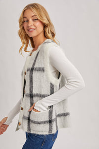 BUTTON DOWN PLAID FUZZY KNIT SWEATER VEST