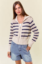 Zip-Up Striped Pointelle Open Knit Sweater Jacket