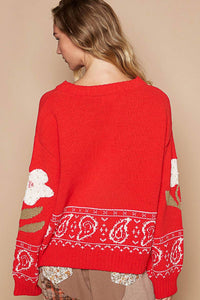 Long sleeve flower point chenille sweater top: Red