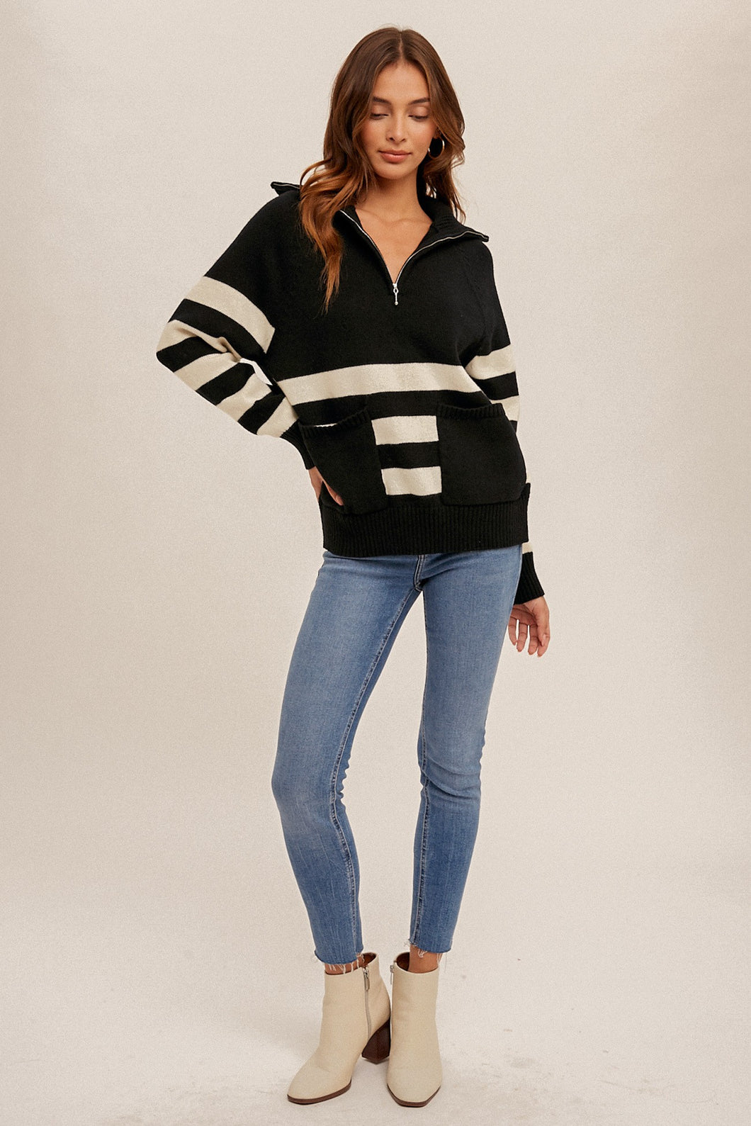 Zipped Up Stripped Mix Sweater With Pockets