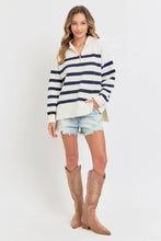 STRIPED ZIP-FRONT OVERSIZED PULLOVER KNIT SWEATER