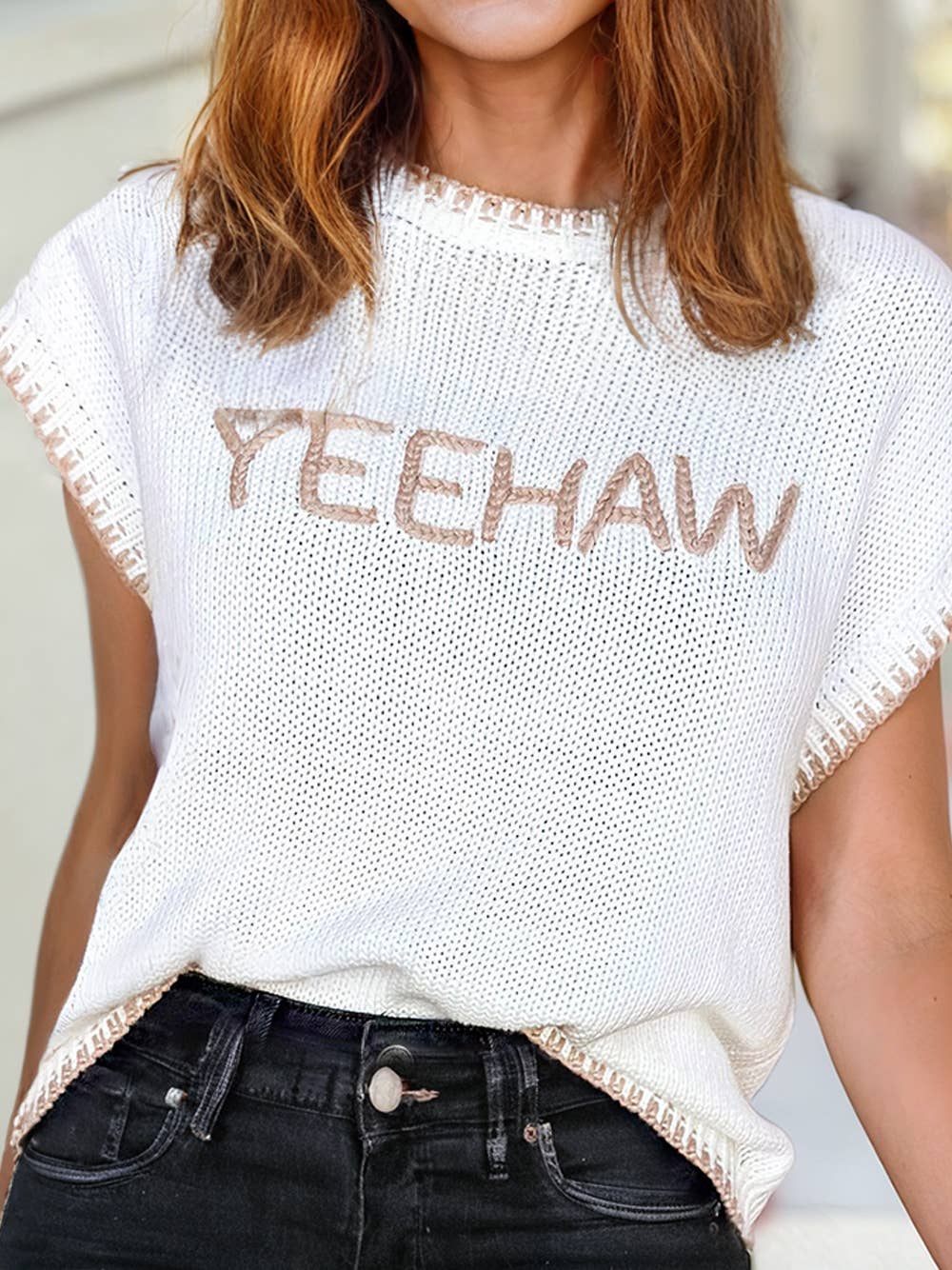YEEHAW Contrast Stitch Edge Crew Neck Sweater