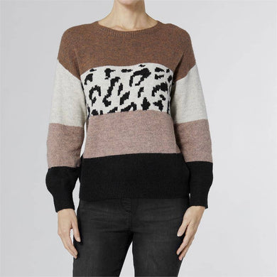 Lena Striped Animal Print Sweater: Brown/Animal/Black