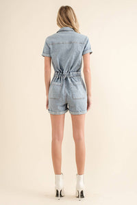 Garment Washed Elastic Waist Zip Up Utility Romper