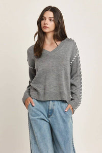 Contrast Stitch V-neck Sweater Top