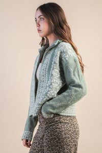 Graphic Knit Sweater Zip Up Cardigan
