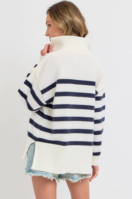 STRIPED ZIP-FRONT OVERSIZED PULLOVER KNIT SWEATER