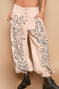 Floral embroidered pattern solid twill pants: OATMILK