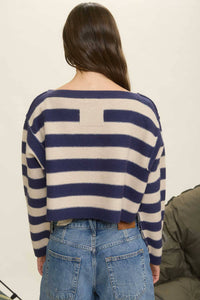 STRIPE EXPOSED SEAM LONG SLEEVE CROPPED SWEATER