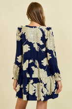 FLORAL PRINT SPLIT V NECK LSLV TIERED MINI DRESS