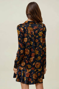 DARK FLORAL BUTTON FRONT DROP WAIST MINI DRESS
