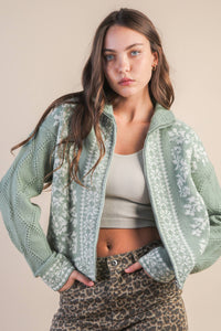 Graphic Knit Sweater Zip Up Cardigan