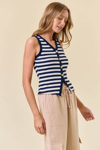 STRIPE KNIT BUTTON FRONT TANK