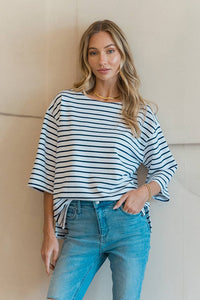 Striped Round Neck Oversized Half Sleeve Top